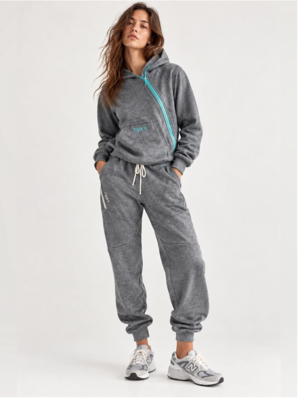 TUXY Gray Turquoise One Piece Hooded Sweatsuit Jumpsuit XS Unworn Discontinued